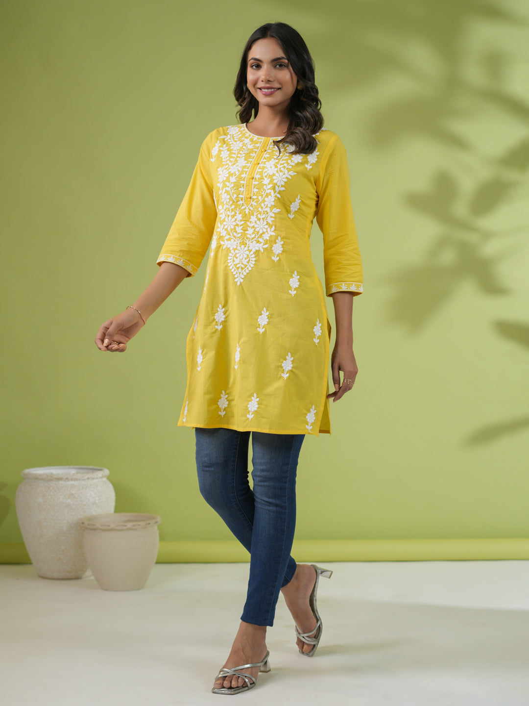 Yellow Cotton Chikankari Tunic