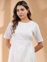 Off White Dobby Pure Cotton Self Design A-line Kurta Pant Set