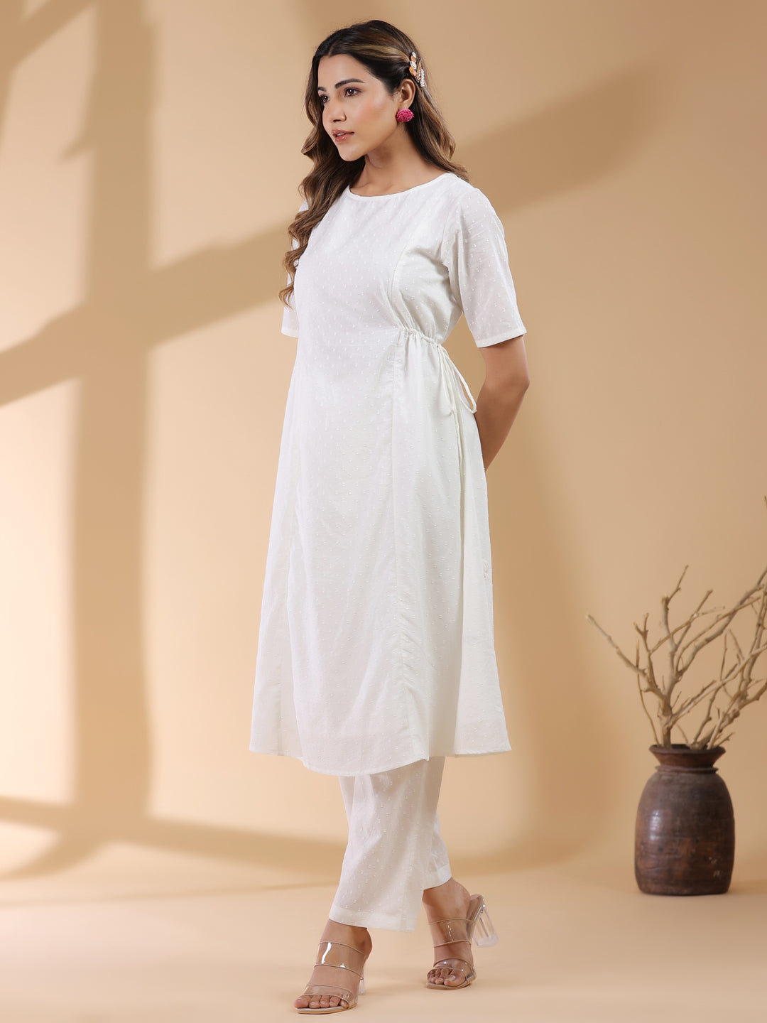 Off White Dobby Pure Cotton Self Design A-line Kurta Pant Set