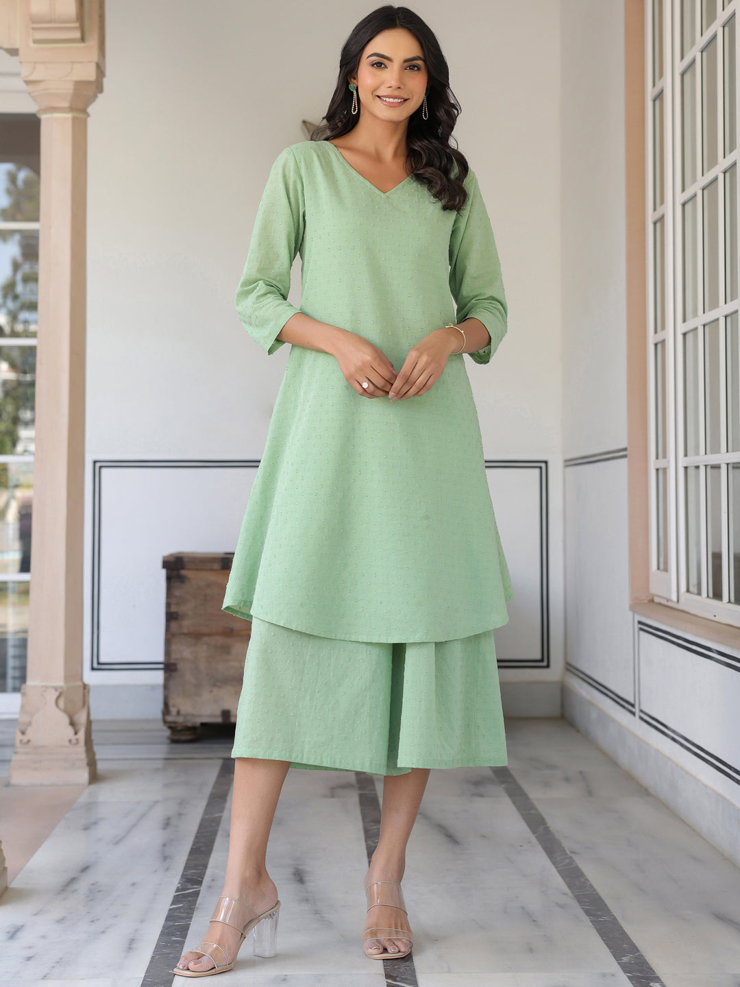 Green Dobby Pure Cotton Self Design A-line Kurta With Cullote Pant Set