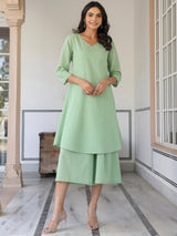 Green Dobby Pure Cotton Self Design A-line Kurta With Cullote Pant Set