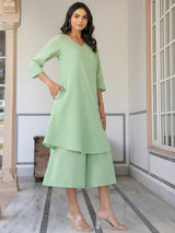Green Dobby Pure Cotton Self Design A-line Kurta With Cullote Pant Set