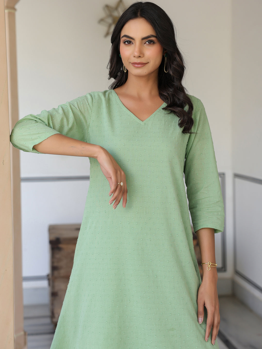 Green Dobby Pure Cotton Self Design A-line Kurta With Cullote Pant Set