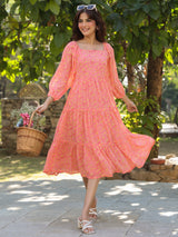 Peach Georgette Floral Printed Tiered Dress