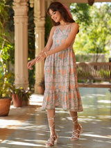 Light Green Pure Cotton Floral Printed Tiered Dress