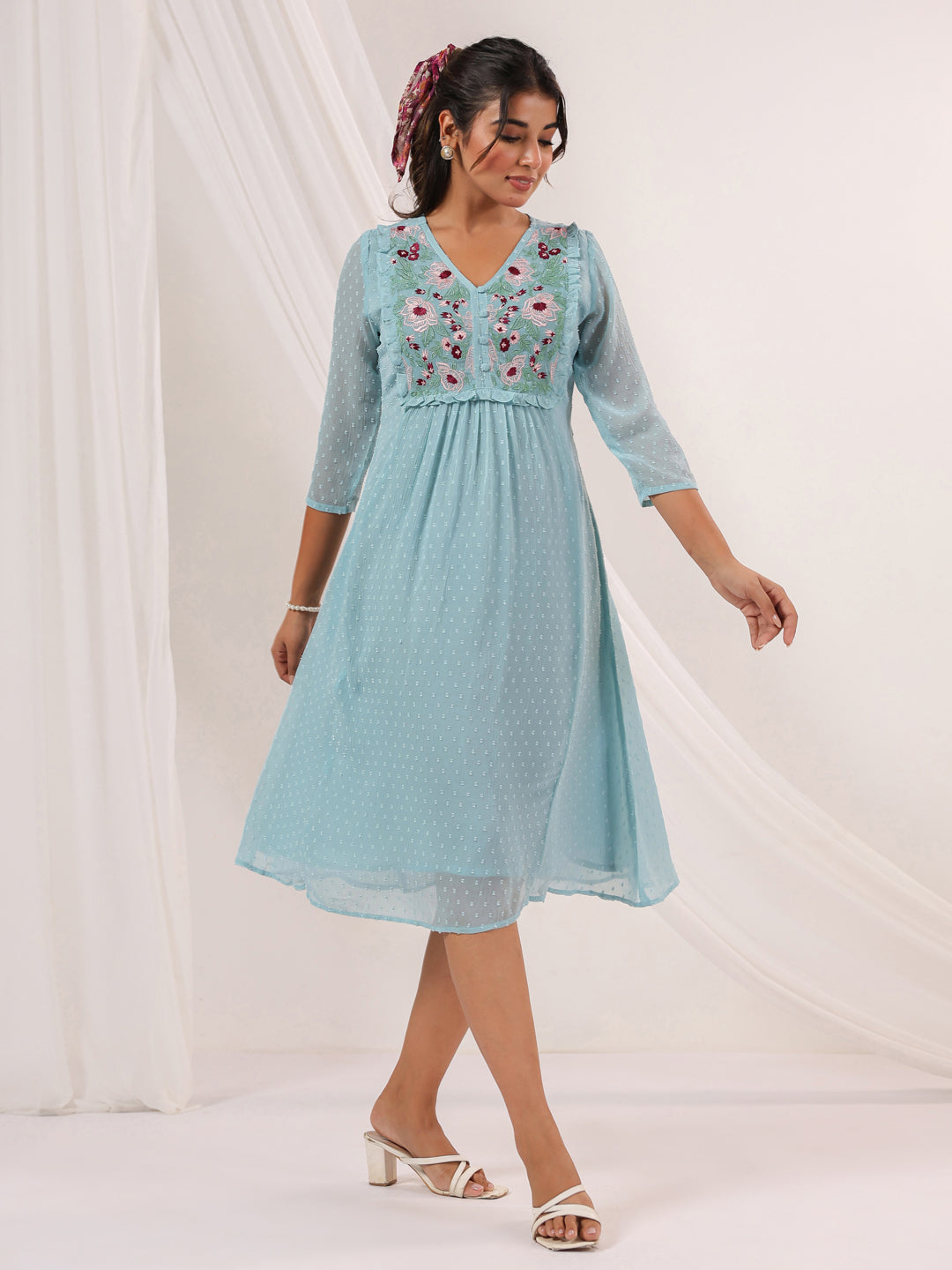 Women's Light Blue Dobby Chiffon Embroidered A-line Dress