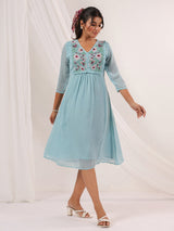 Women's Light Blue Dobby Chiffon Embroidered A-line Dress