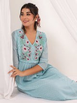 Women's Light Blue Dobby Chiffon Embroidered A-line Dress