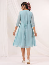 Women's Light Blue Dobby Chiffon Embroidered A-line Dress