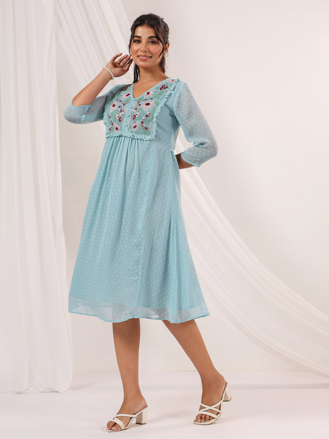 Women's Light Blue Dobby Chiffon Embroidered A-line Dress