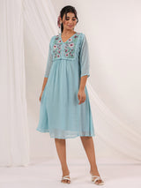 Women's Light Blue Dobby Chiffon Embroidered A-line Dress