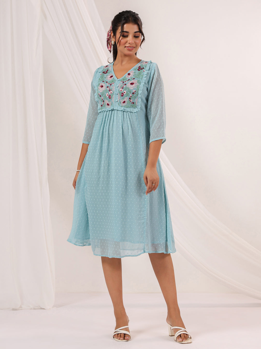 Women's Light Blue Dobby Chiffon Embroidered A-line Dress
