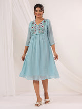 Women's Light Blue Dobby Chiffon Embroidered A-line Dress