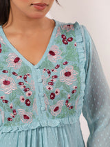 Women's Light Blue Dobby Chiffon Embroidered A-line Dress