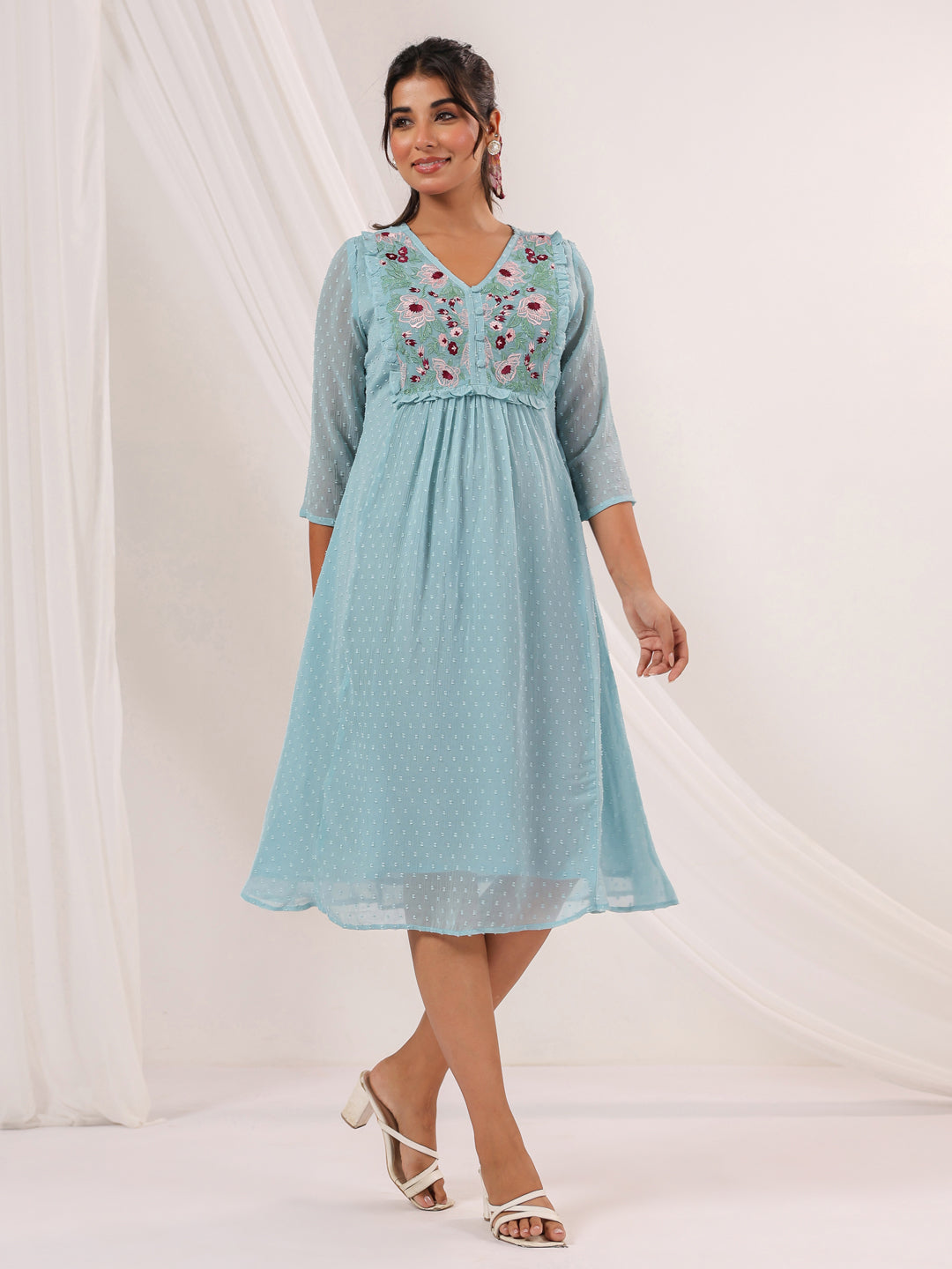 Women's Light Blue Dobby Chiffon Embroidered A-line Dress