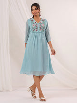 Women's Light Blue Dobby Chiffon Embroidered A-line Dress