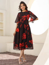 Black Georgette Floral Printed A-line Dress