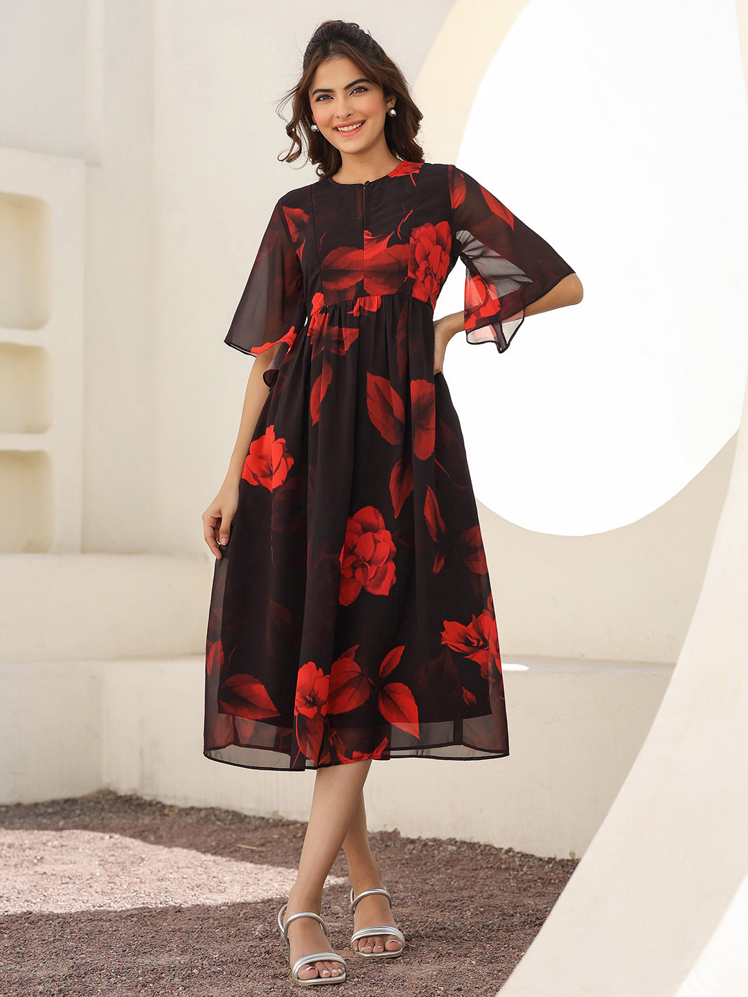 Black Georgette Floral Printed A-line Dress