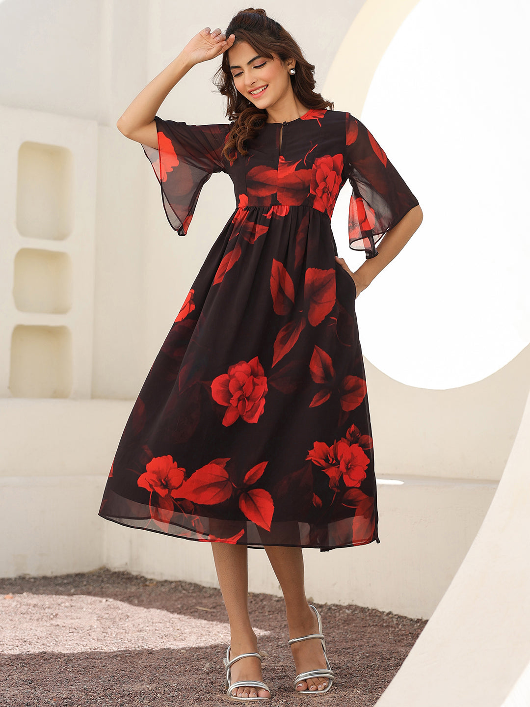 Black Georgette Floral Printed A-line Dress