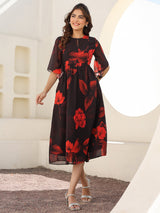 Black Georgette Floral Printed A-line Dress