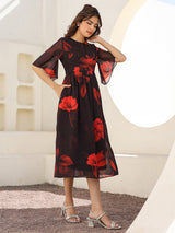Black Georgette Floral Printed A-line Dress