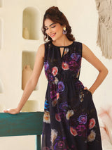 Women's Black Georgette Floral Printed Gathered Dress
