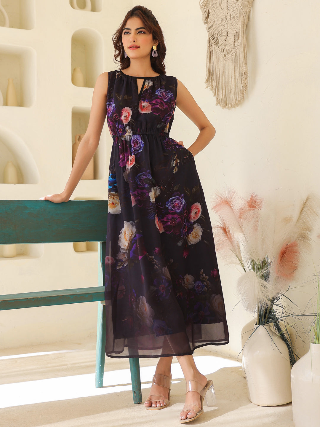 Women's Black Georgette Floral Printed Gathered Dress