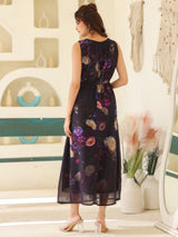 Women's Black Georgette Floral Printed Gathered Dress