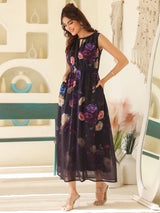 Women's Black Georgette Floral Printed Gathered Dress