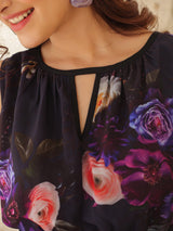 Women's Black Georgette Floral Printed Gathered Dress