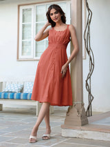 Rust Pure Cotton Solid A-line Dress