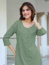 Green Cotton Solid Straight Dress