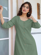 Green Cotton Solid Straight Dress
