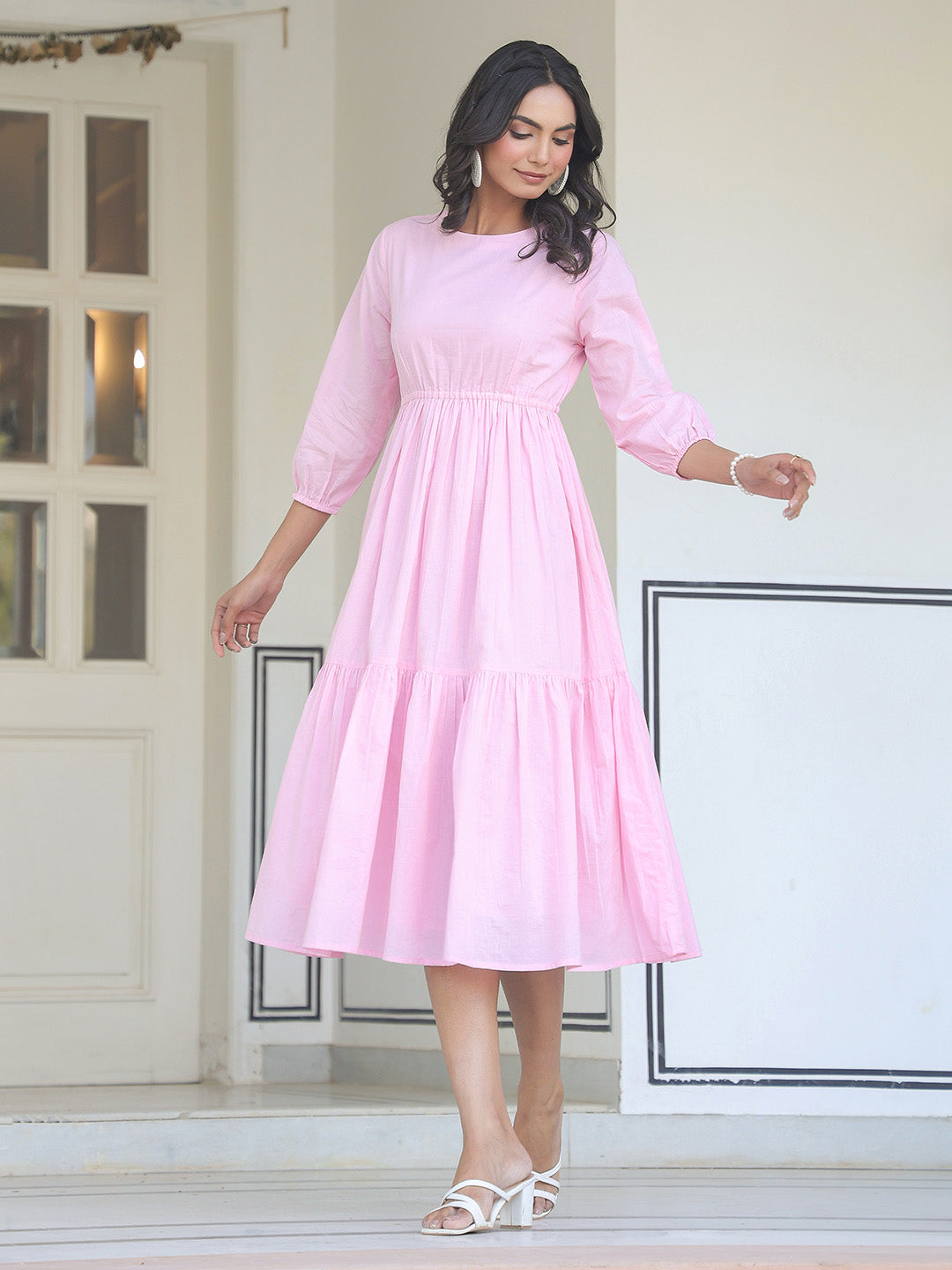Light Pink Pure Cotton Solid Tiered Dress