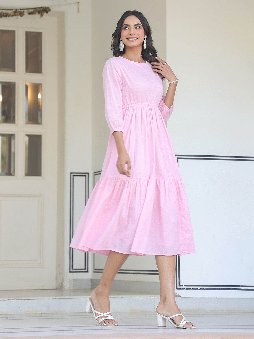 Light Pink Pure Cotton Solid Tiered Dress