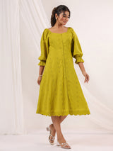 Women's Lime Green Pure Cotton Schiffli A line Dress