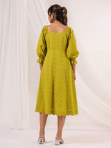 Women's Lime Green Pure Cotton Schiffli A line Dress