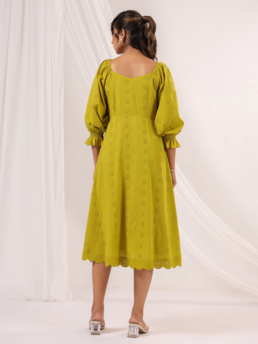 Women's Lime Green Pure Cotton Schiffli A line Dress