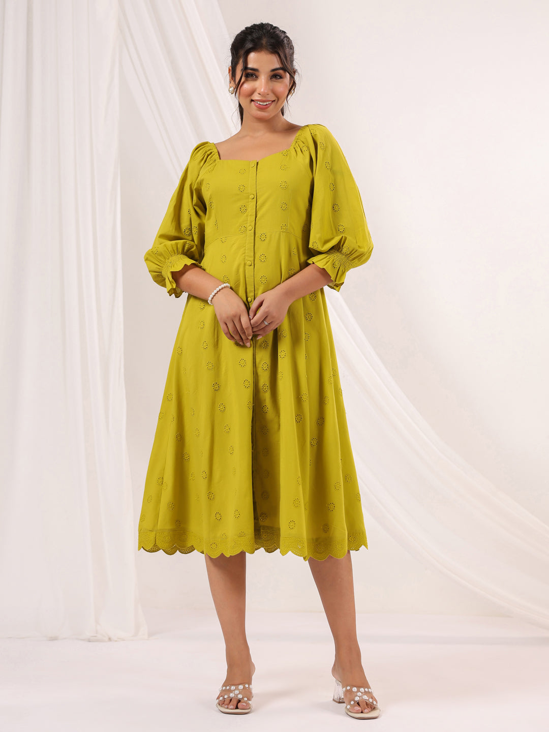 Women's Lime Green Pure Cotton Schiffli A line Dress