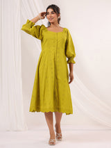 Women's Lime Green Pure Cotton Schiffli A line Dress