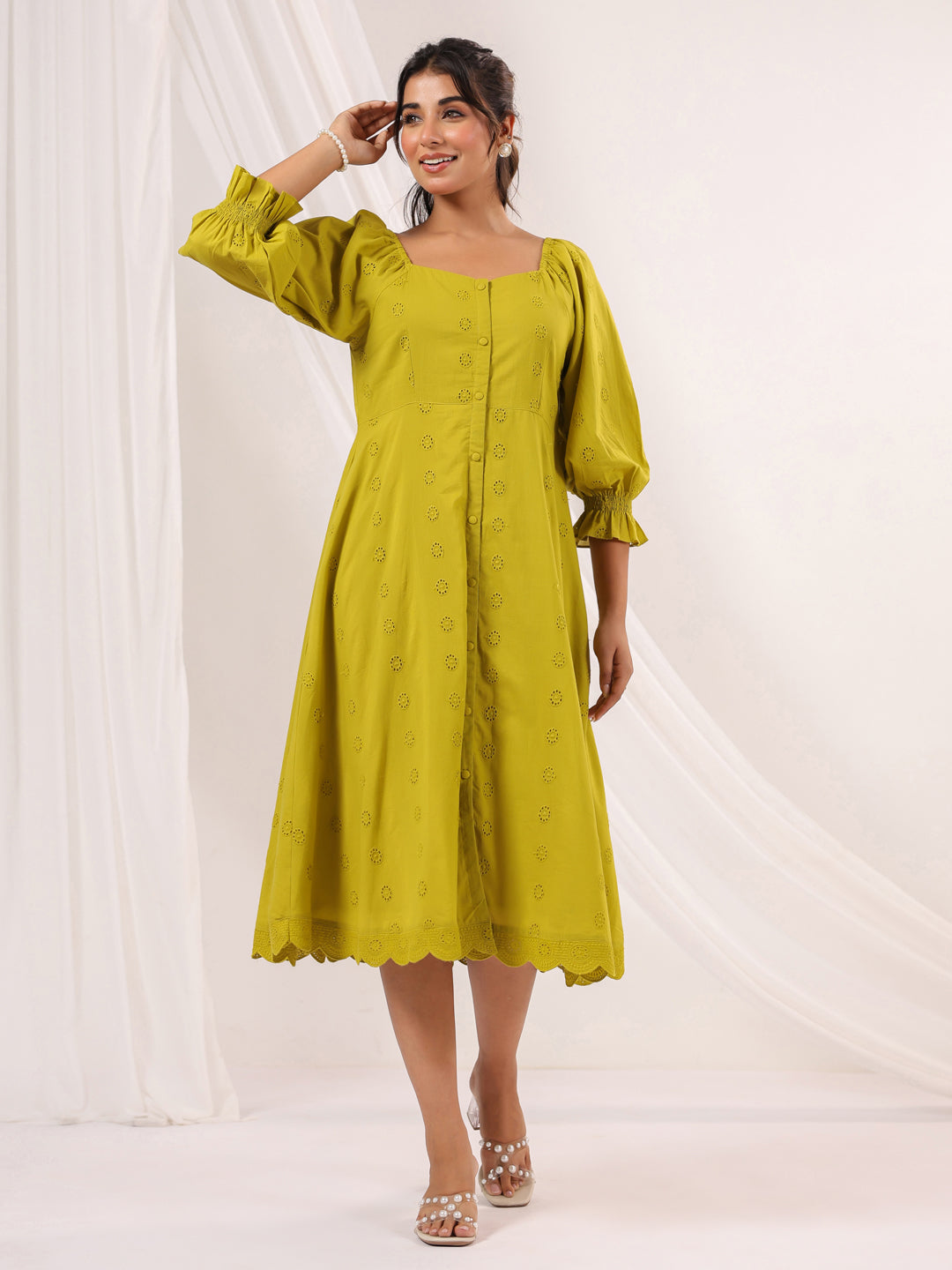 Women's Lime Green Pure Cotton Schiffli A line Dress