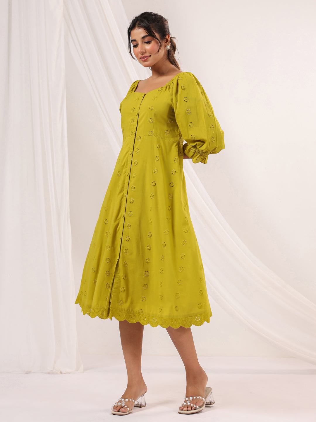Women's Lime Green Pure Cotton Schiffli A line Dress