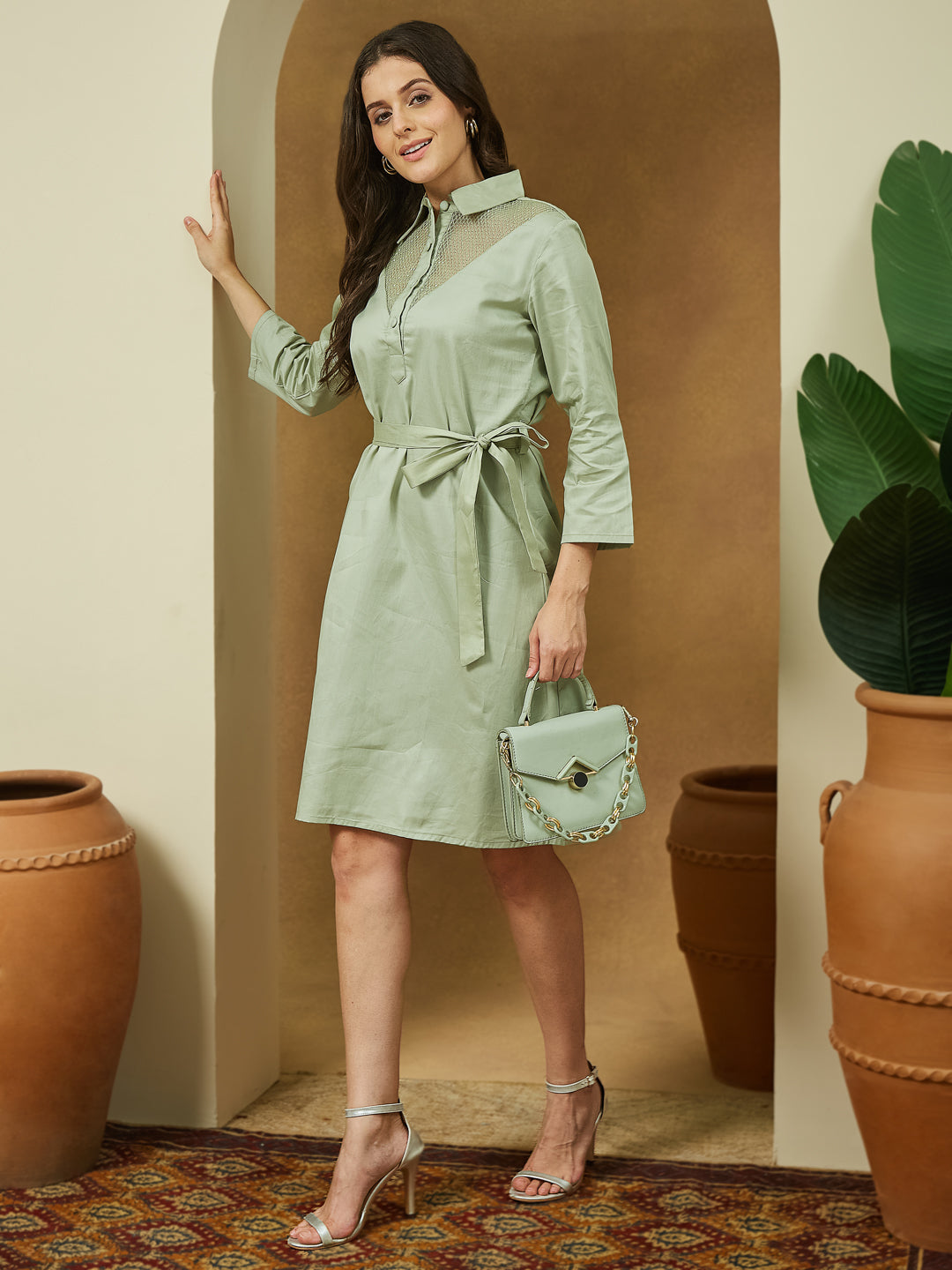 Women's Sage Green Cotton Embellished A-line Tie-up Dress