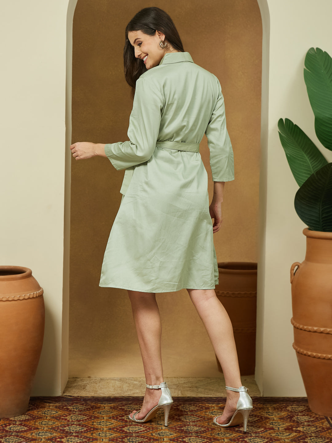 Women's Sage Green Cotton Embellished A-line Tie-up Dress