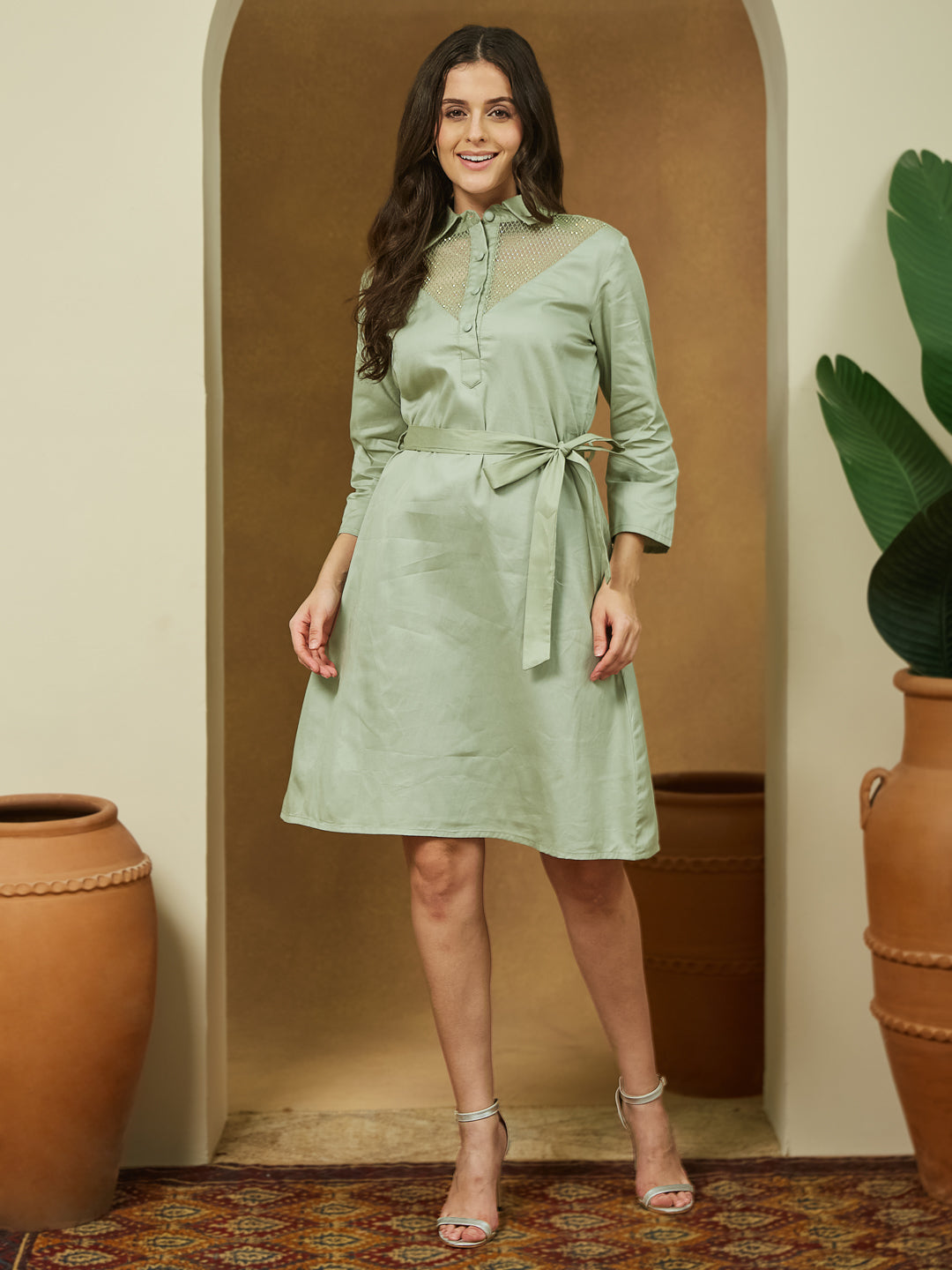 Women's Sage Green Cotton Embellished A-line Tie-up Dress
