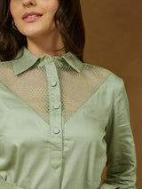 Women's Sage Green Cotton Embellished A-line Tie-up Dress