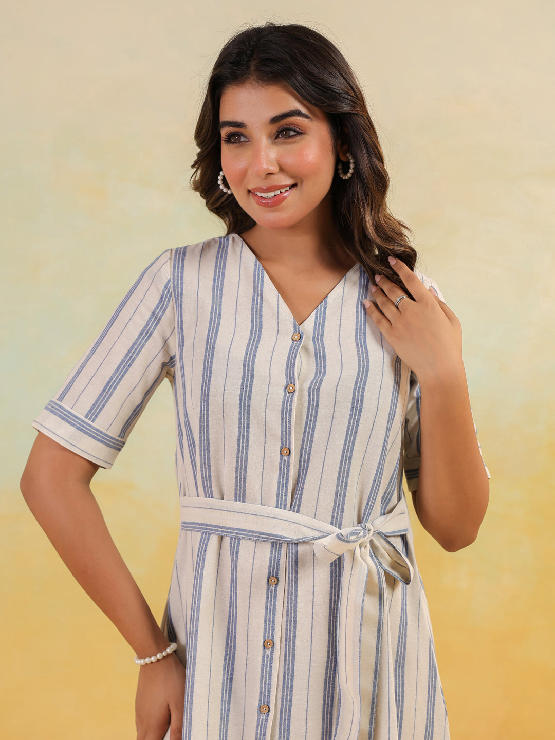 Women's White & Blue Cotton Striped Button Down A-line Dress