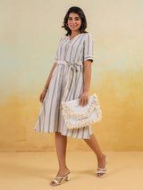 Women's White & Blue Cotton Striped Button Down A-line Dress