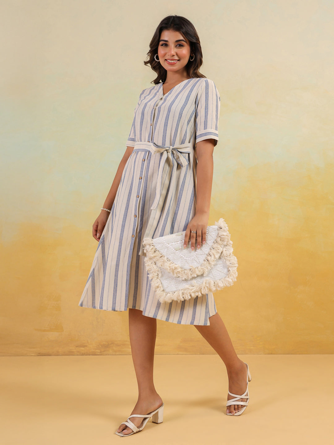 Women's White & Blue Cotton Striped Button Down A-line Dress