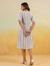 Women's White & Blue Cotton Striped Button Down A-line Dress